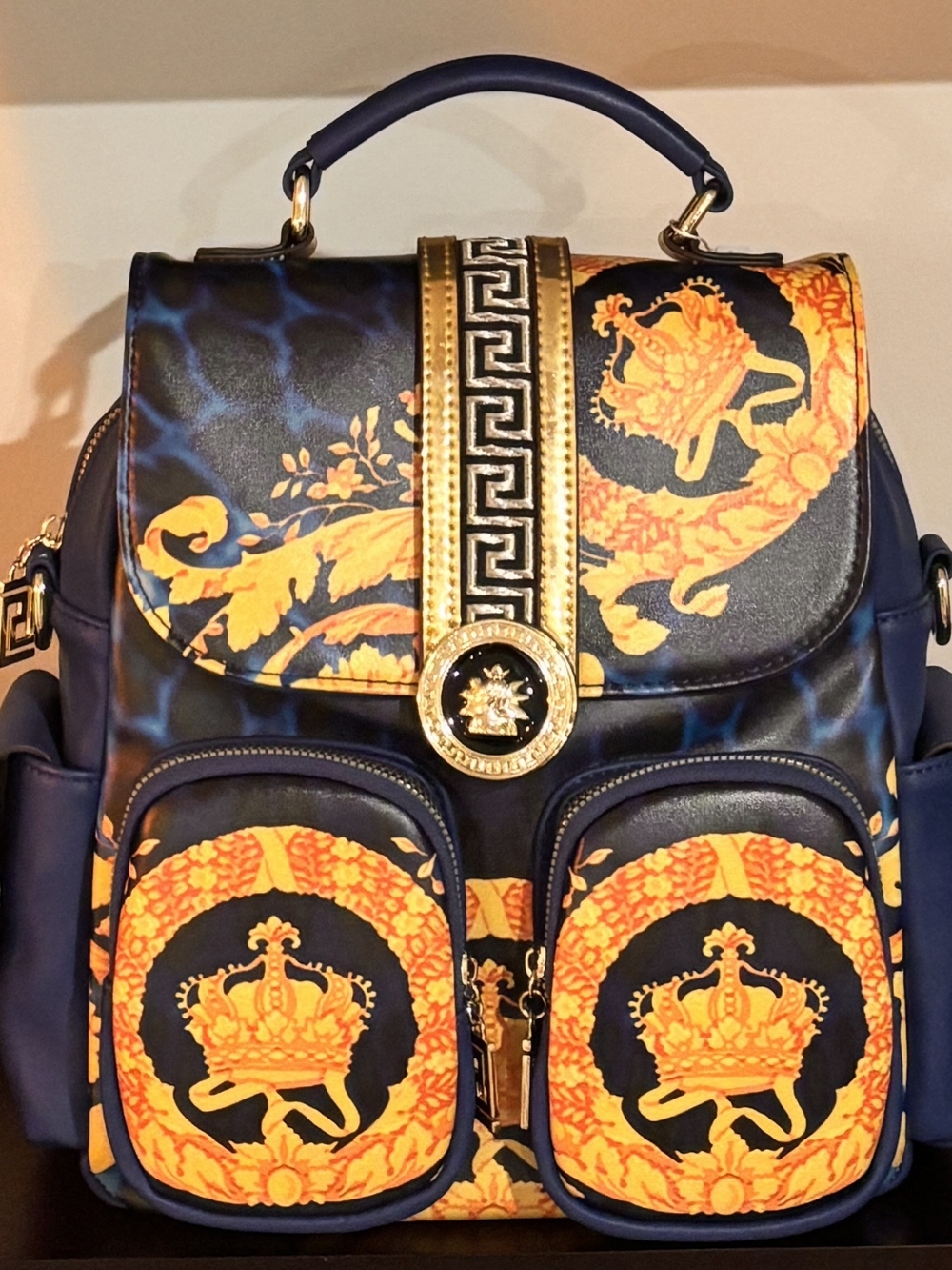 Brand New - Inspired Navy Blue Baroque-Style Backpack Purse